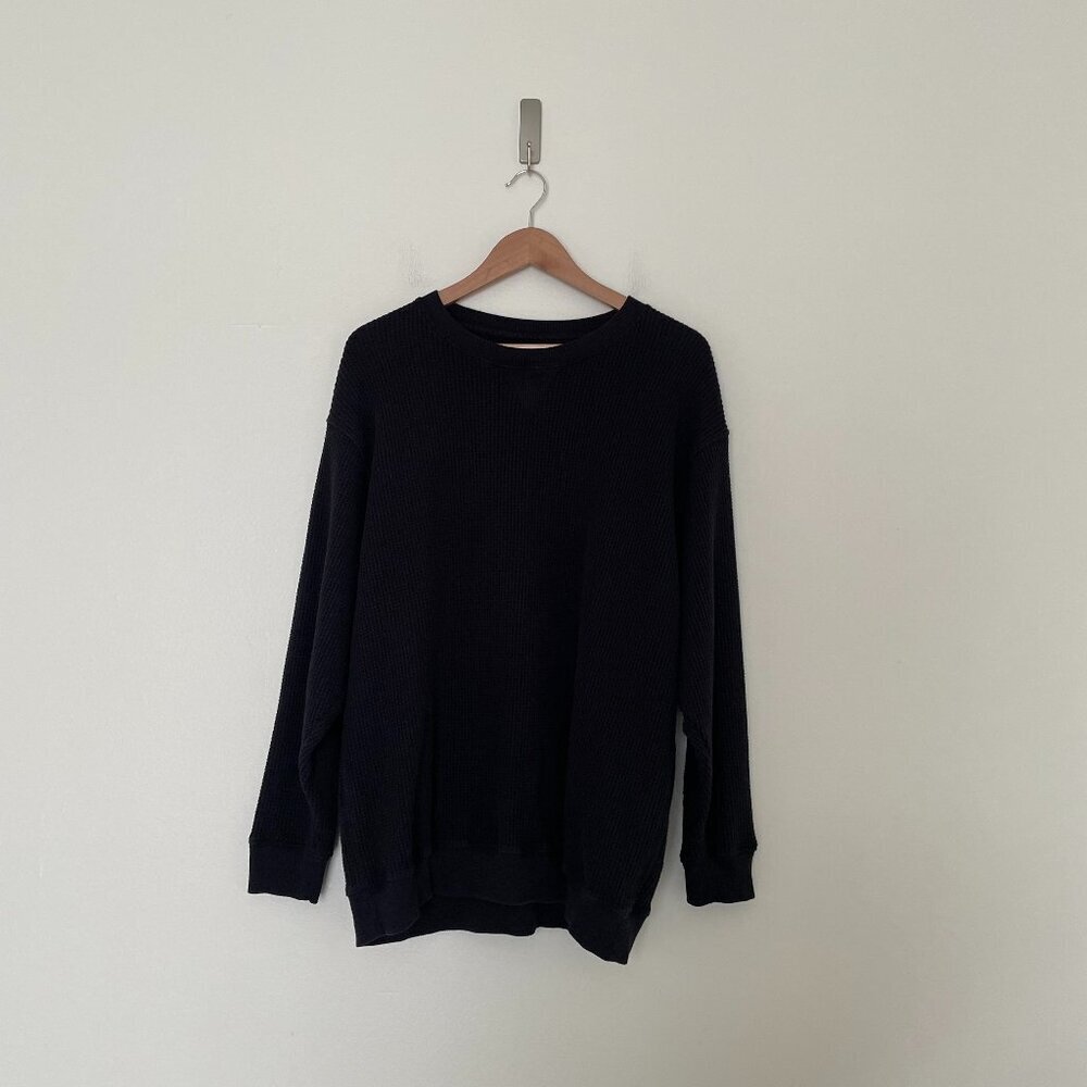 Aerie Black Waffle Knit Long Sleeve Crew Neck Sweatshirt Size Large